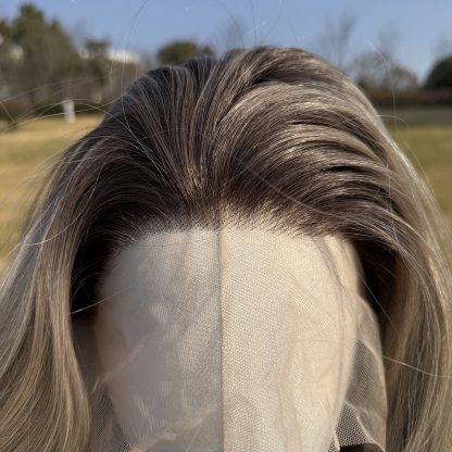 SMILCO/28Inch Ombre Brown Ash Blonde Long Curly T-Part Lace Front Synthetic Wig/SM9038