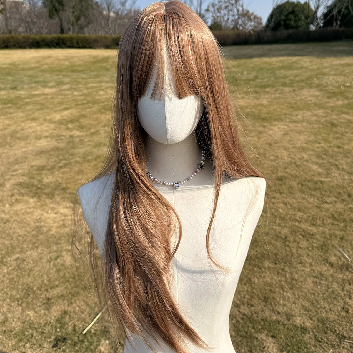 SMILCO/28Inch Light Brown Layered Long Straight With Bangs Synthetic Futura Fiber Wig/SM012