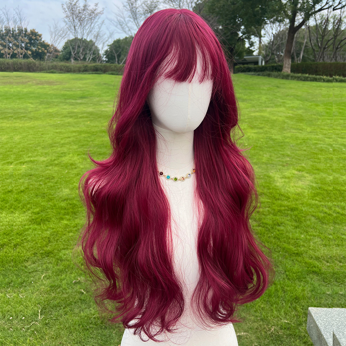 SMILCO/26Inch Burgundy Long Curly With Bangs Synthetic Wig/SM023