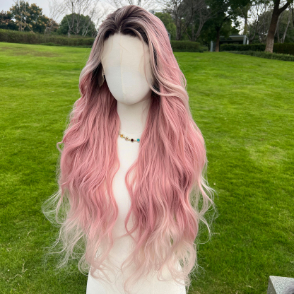 SMILCO/32Inch Ombre Brown Ash Pink  Long Curly T-Part Lace Front Synthetic Wig/SM9108