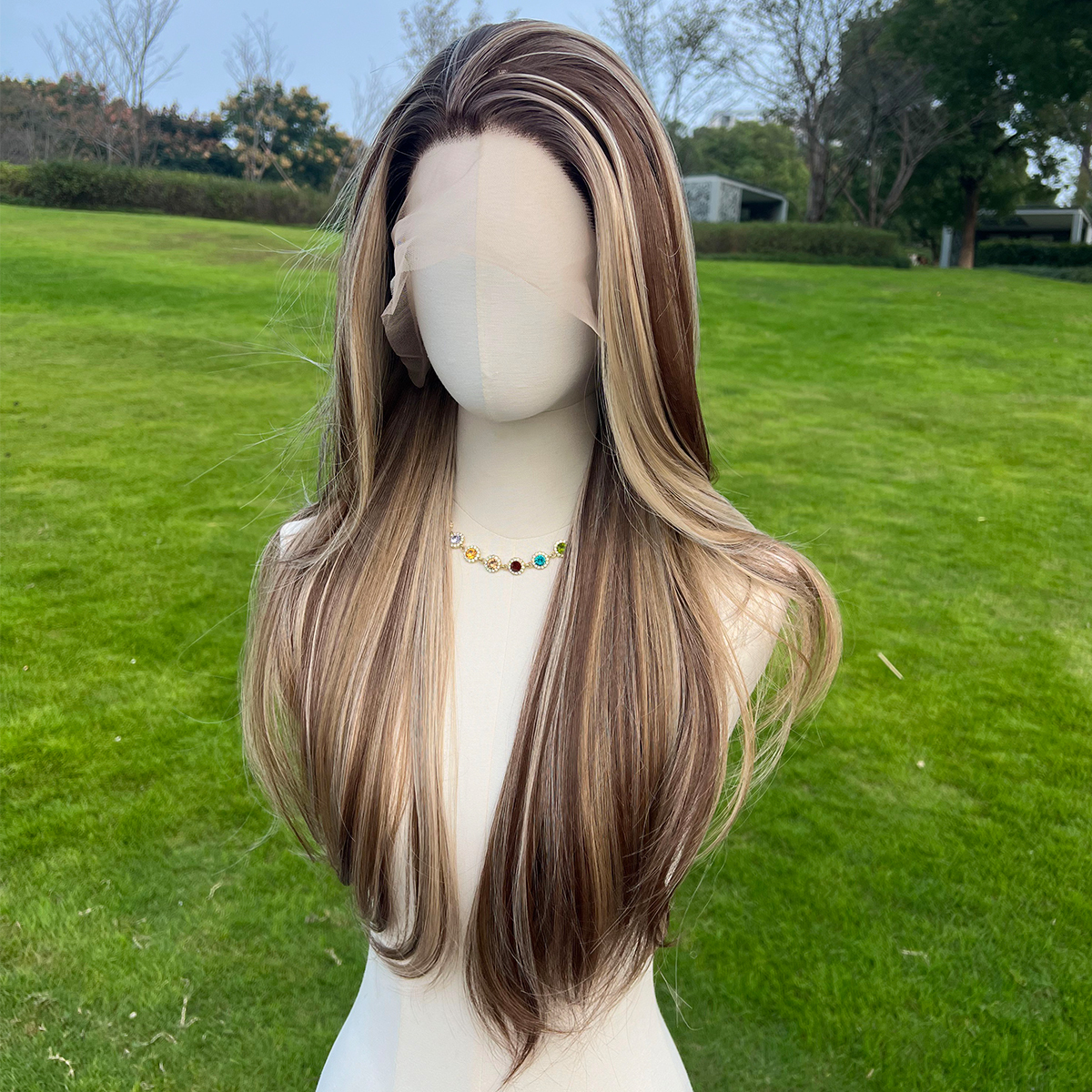 SMILCO/26Inch Highlight Brown With Blonde 13*6 Free Part Lace Front Long Straight Synthetic Wig/SM9123B