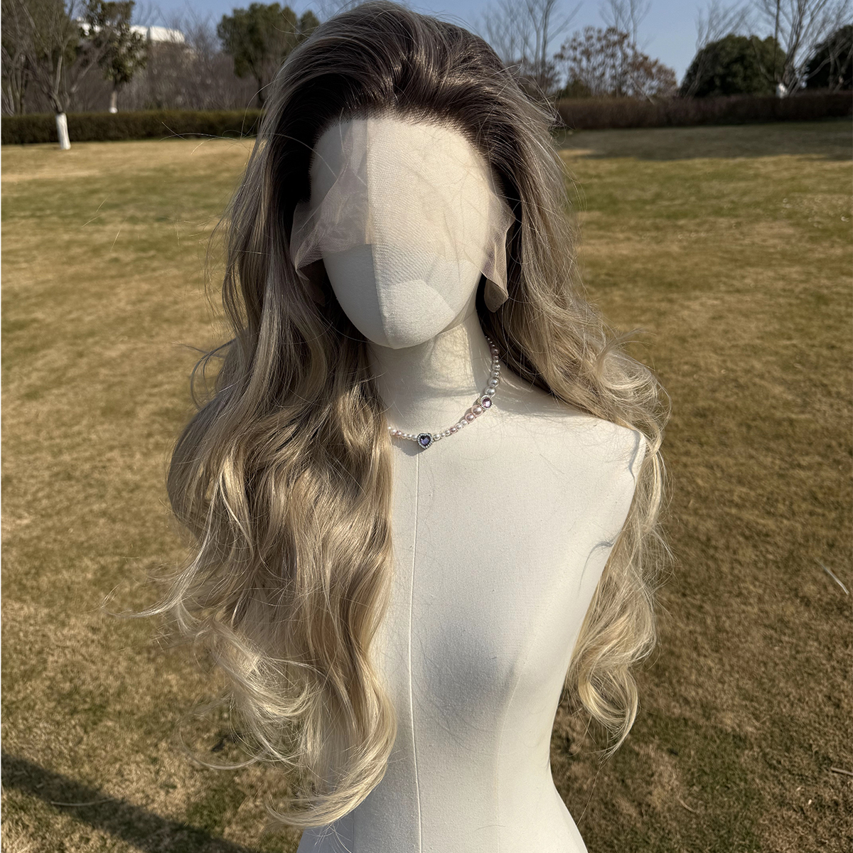 SMILCO/28Inch Ombre Brown Ash Blonde Long Curly T-Part Lace Front Synthetic Wig/SM9038