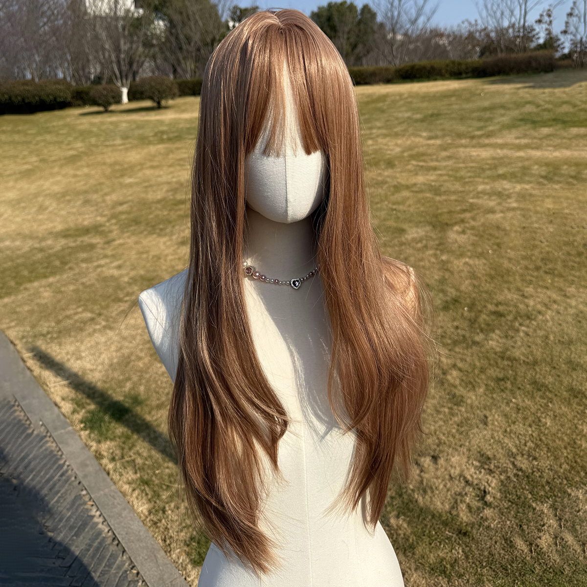 SMILCO/28Inch Light Brown Layered Long Straight With Bangs Synthetic Futura Fiber Wig/SM012
