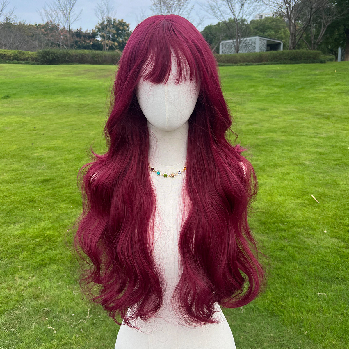 SMILCO/26Inch Burgundy Long Curly With Bangs Synthetic Wig/SM023