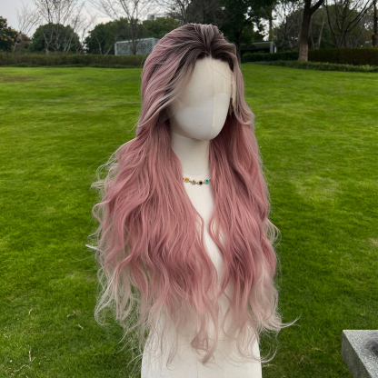 SMILCO/32Inch Ombre Brown Ash Pink  Long Curly T-Part Lace Front Synthetic Wig/SM9108