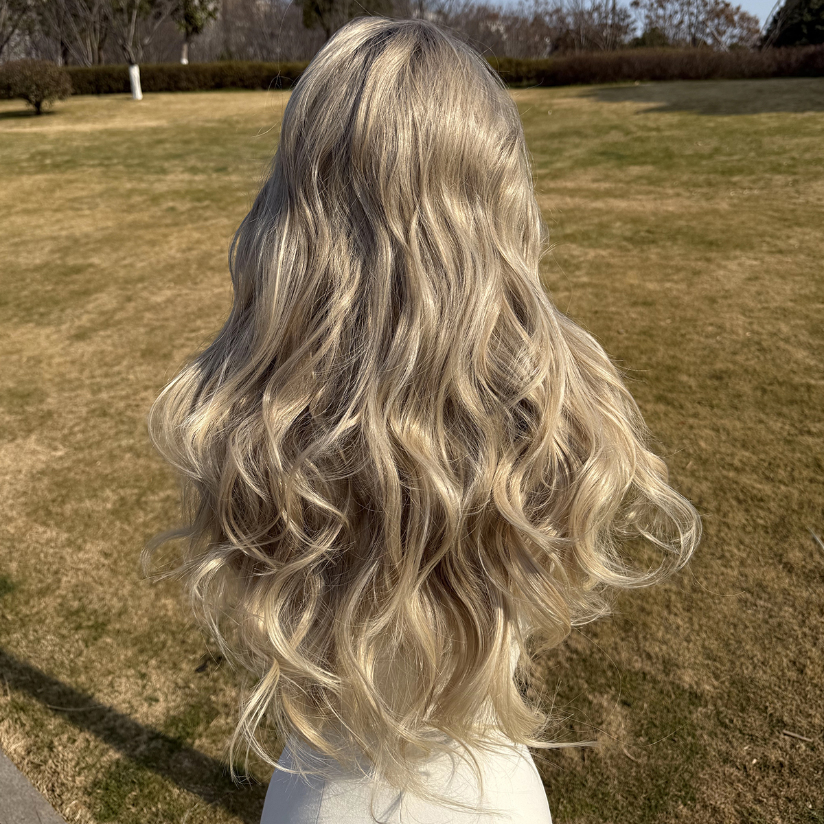 SMILCO/28Inch Ombre Brown Ash Blonde Long Curly T-Part Lace Front Synthetic Wig/SM9038