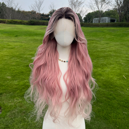 SMILCO/32Inch Ombre Brown Ash Pink  Long Curly T-Part Lace Front Synthetic Wig/SM9108