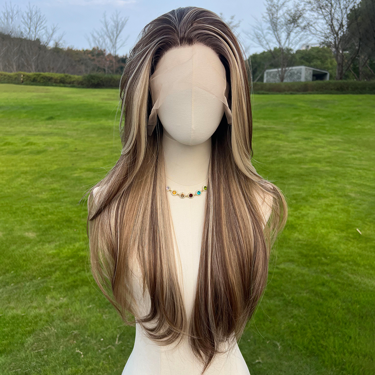 SMILCO/26Inch Highlight Brown With Blonde 13*6 Free Part Lace Front Long Straight Synthetic Wig/SM9123B