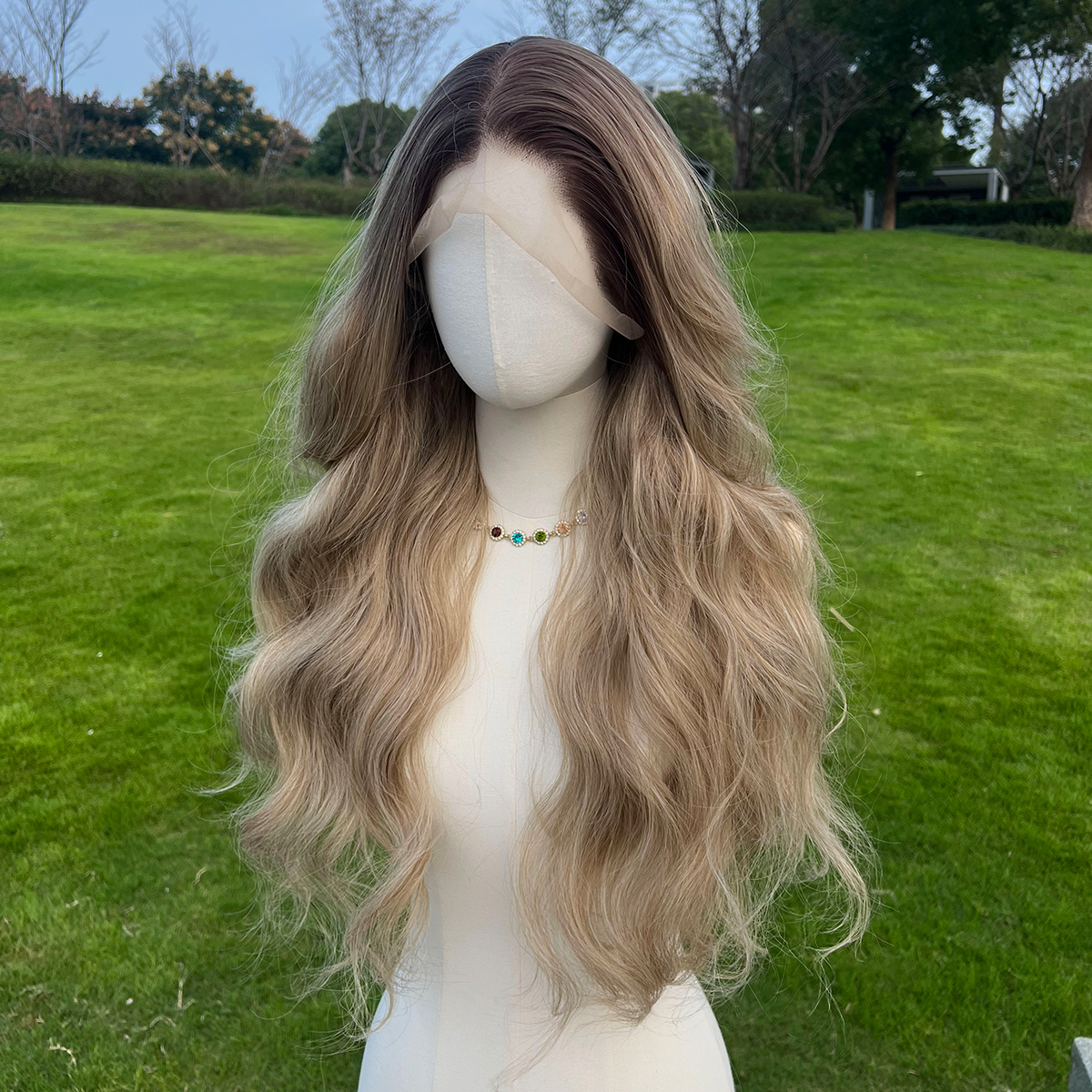 SMILCO/28Inch Ombre Brown Ash Blonde 13*4 Lace Front Long Curly Synthetic Wig/SM9853