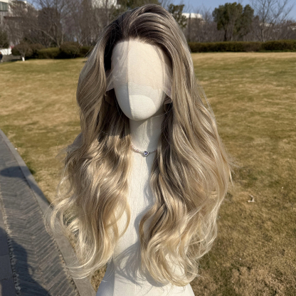 SMILCO/28Inch Ombre Brown Ash Blonde Long Curly T-Part Lace Front Synthetic Wig/SM9038