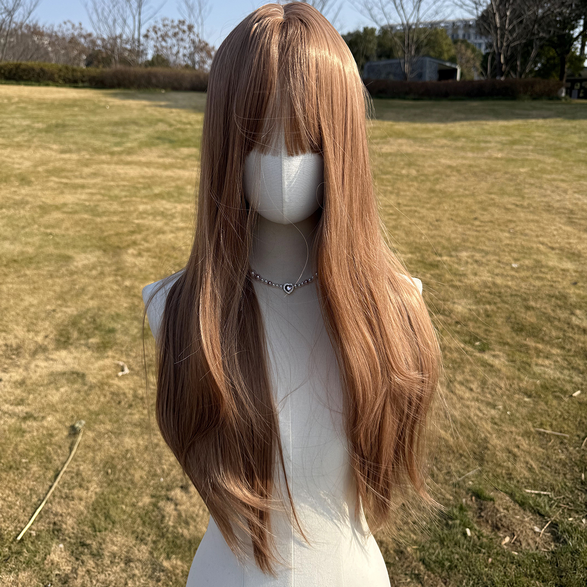 SMILCO/28Inch Light Brown Layered Long Straight With Bangs Synthetic Futura Fiber Wig/SM012