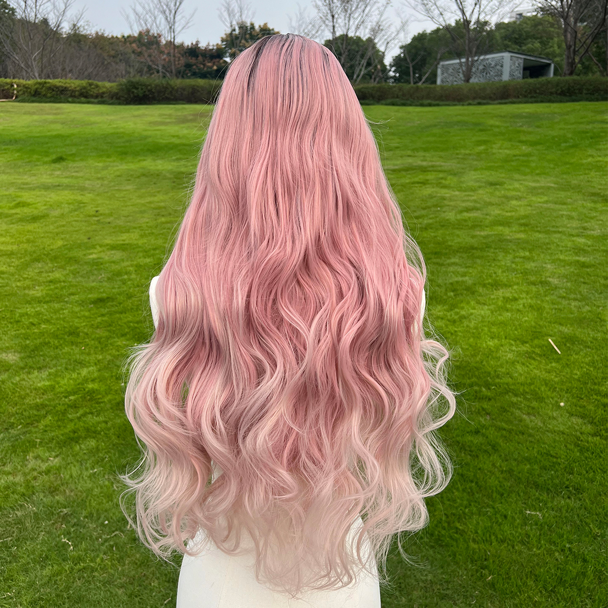 SMILCO/32Inch Ombre Brown Ash Pink  Long Curly T-Part Lace Front Synthetic Wig/SM9108