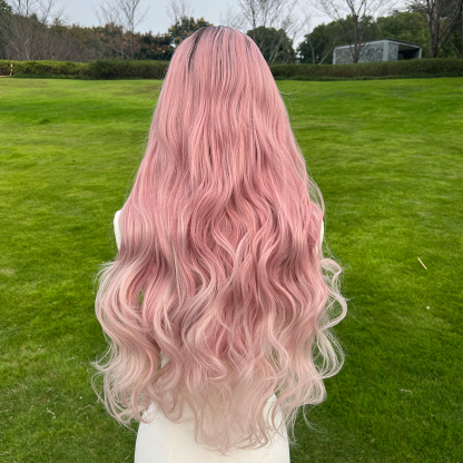 SMILCO/32Inch Ombre Brown Ash Pink  Long Curly T-Part Lace Front Synthetic Wig/SM9108