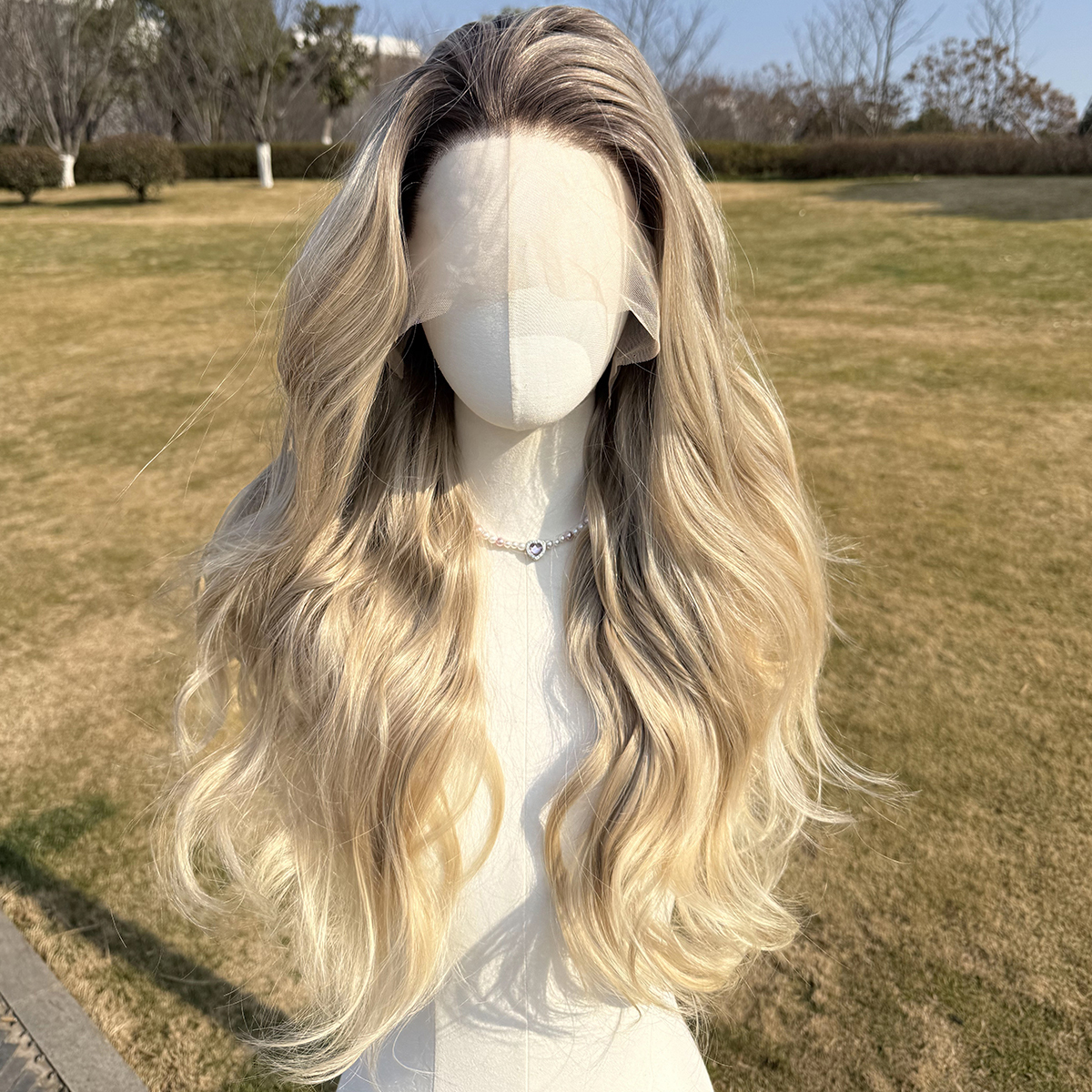 SMILCO/28Inch Ombre Brown Ash Blonde Long Curly T-Part Lace Front Synthetic Wig/SM9038