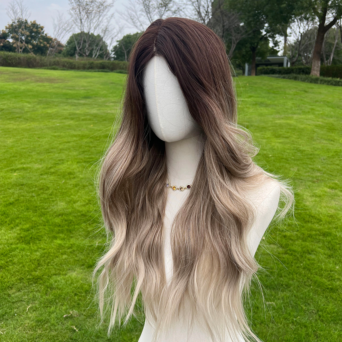 SMILCO/26Inch Ombre Brown Ash Blonde Hybird 1.5*6 Lace Front Long Wave Synthetic Wig/SM179-5