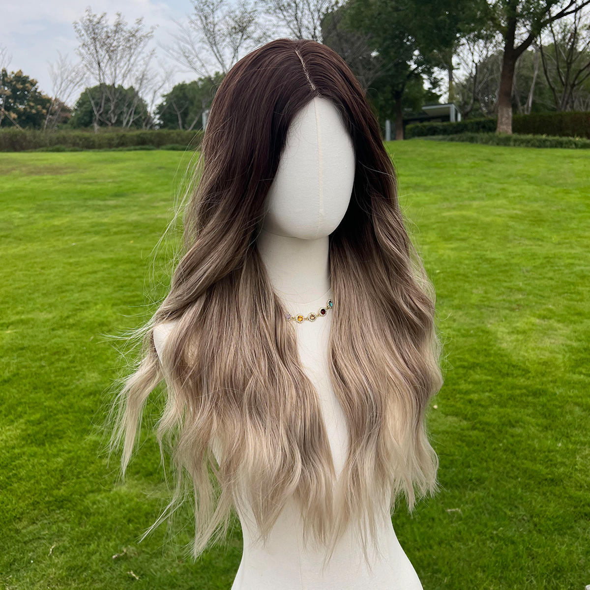 SMILCO/26Inch Ombre Brown Ash Blonde Hybird 1.5*6 Lace Front Long Wave Synthetic Wig/SM179-5