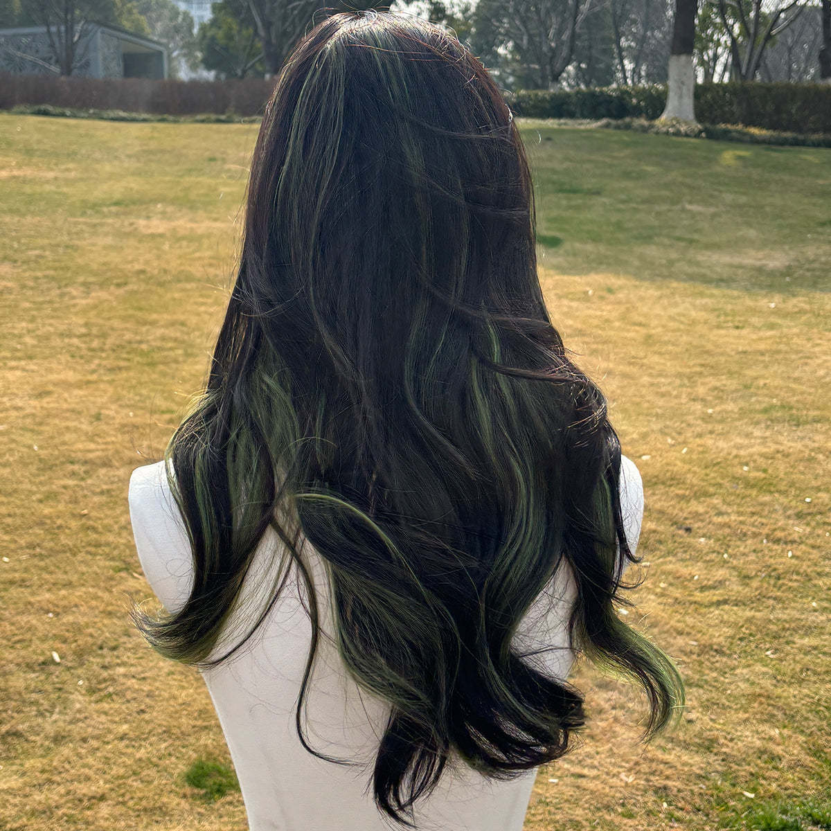 SMILCO/24Inch Highlight Brown With Green Long Curly With Bangs Synthetic Wig/SM406