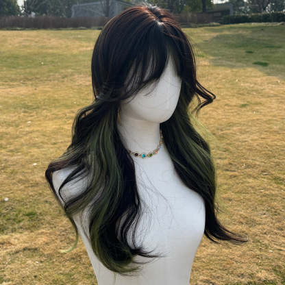 SMILCO/24Inch Highlight Brown With Green Long Curly With Bangs Synthetic Wig/SM406