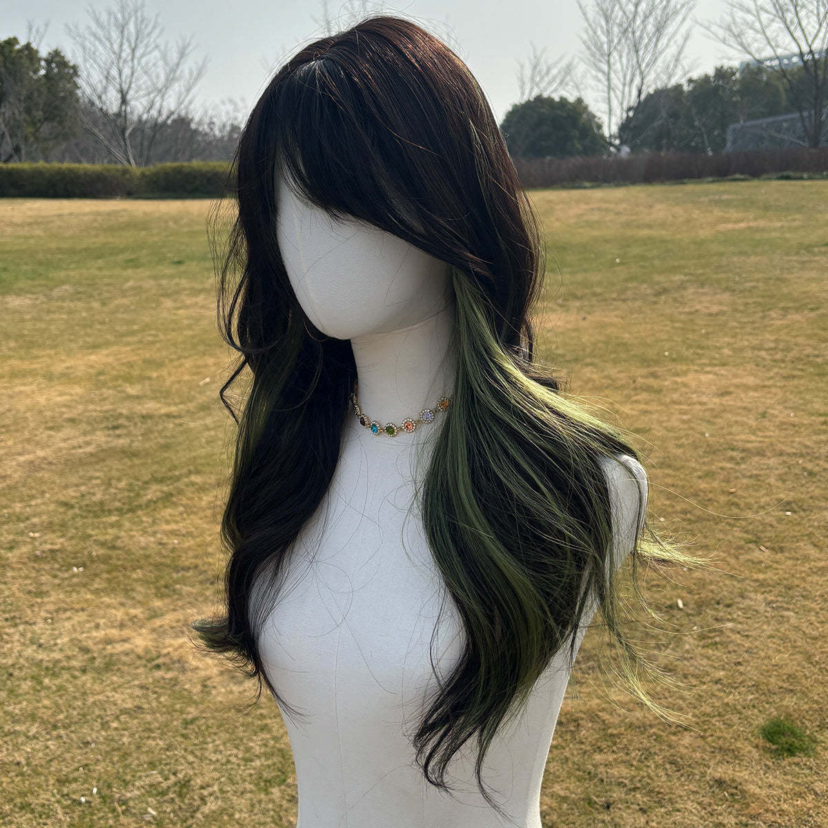 SMILCO/24Inch Highlight Brown With Green Long Curly With Bangs Synthetic Wig/SM406