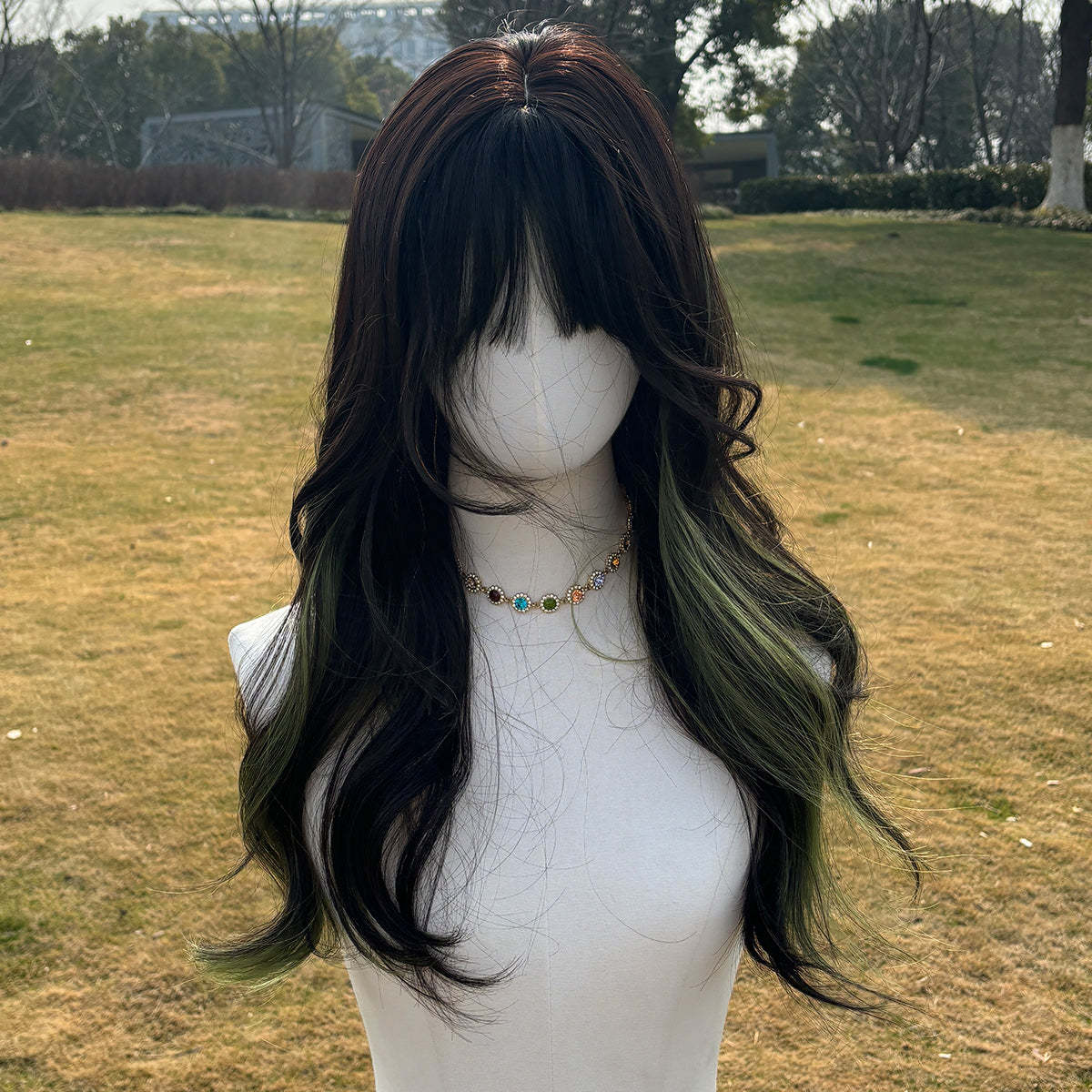 SMILCO/24Inch Highlight Brown With Green Long Curly With Bangs Synthetic Wig/SM406