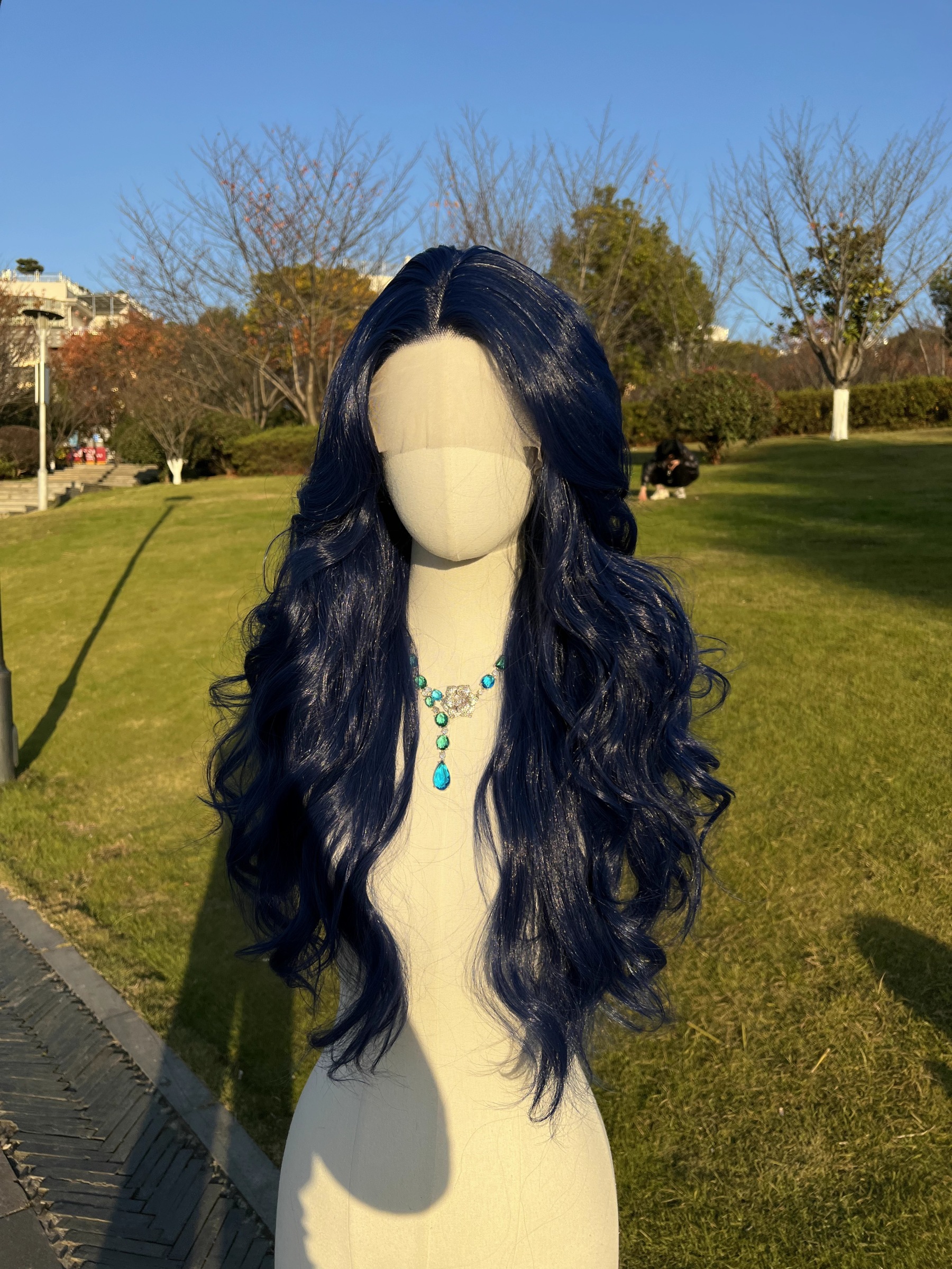 SMILCO/26Inch Dark Blue Long Curly T-Part Lace Front Synthetic Wig/SM9119