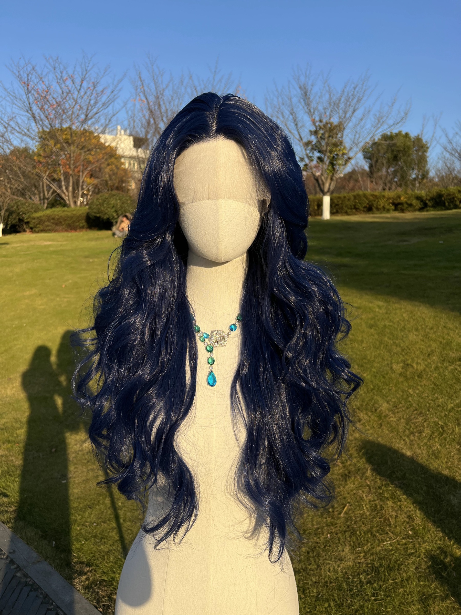 SMILCO/26Inch Dark Blue Long Curly T-Part Lace Front Synthetic Wig/SM9119