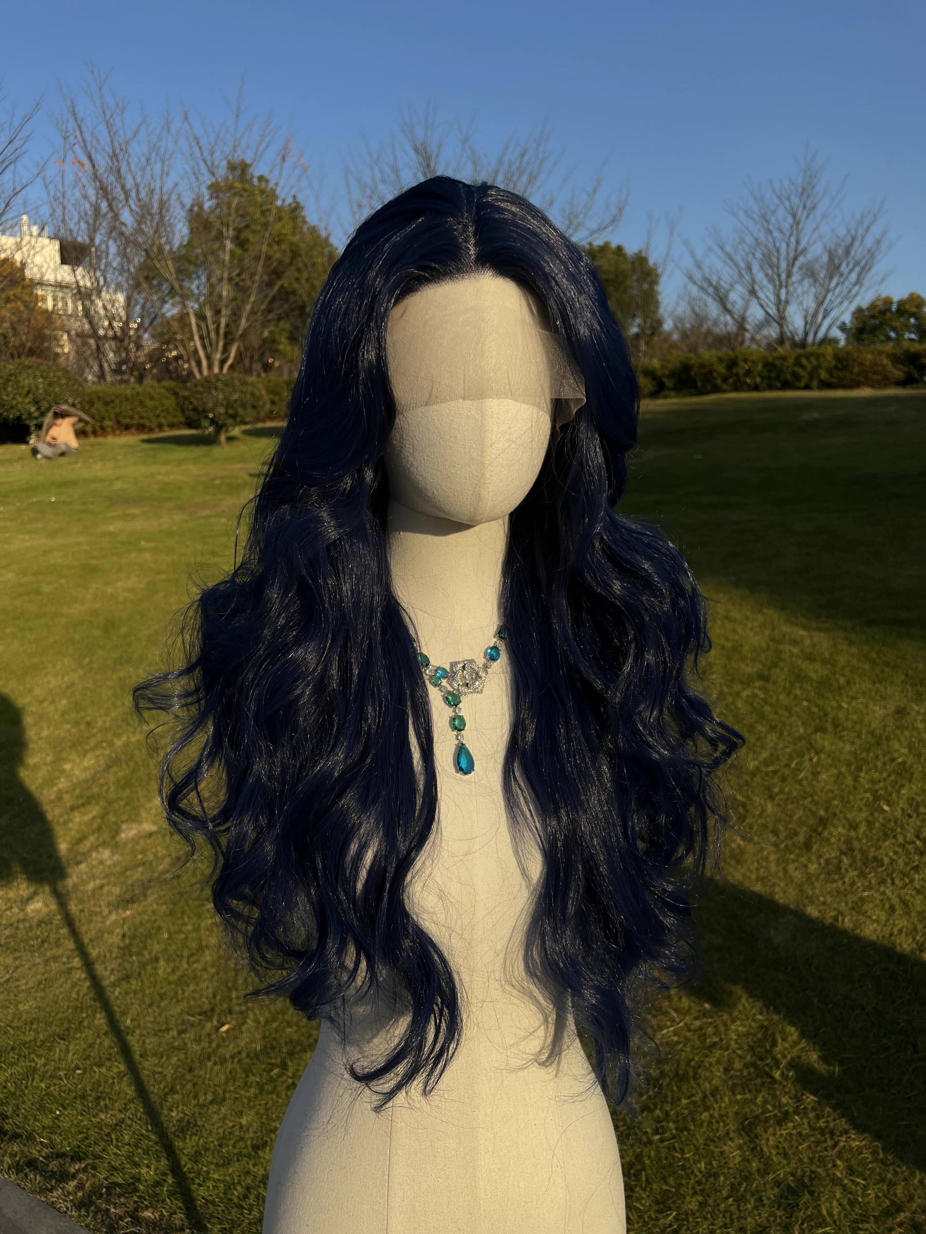 SMILCO/26Inch Dark Blue Long Curly T-Part Lace Front Synthetic Wig/SM9119