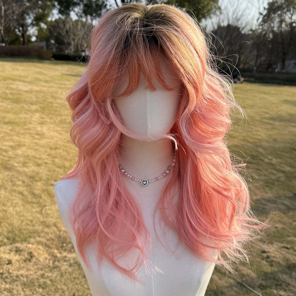 SMILCO/22Inch Ombre Brown Ash Pink Medium Curly WithBangs Synthetic Wig/SM420