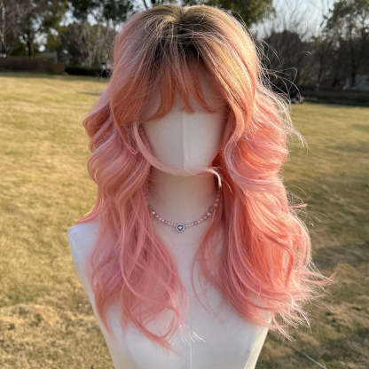 SMILCO/22Inch Ombre Brown Ash Pink Medium Curly WithBangs Synthetic Wig/SM420