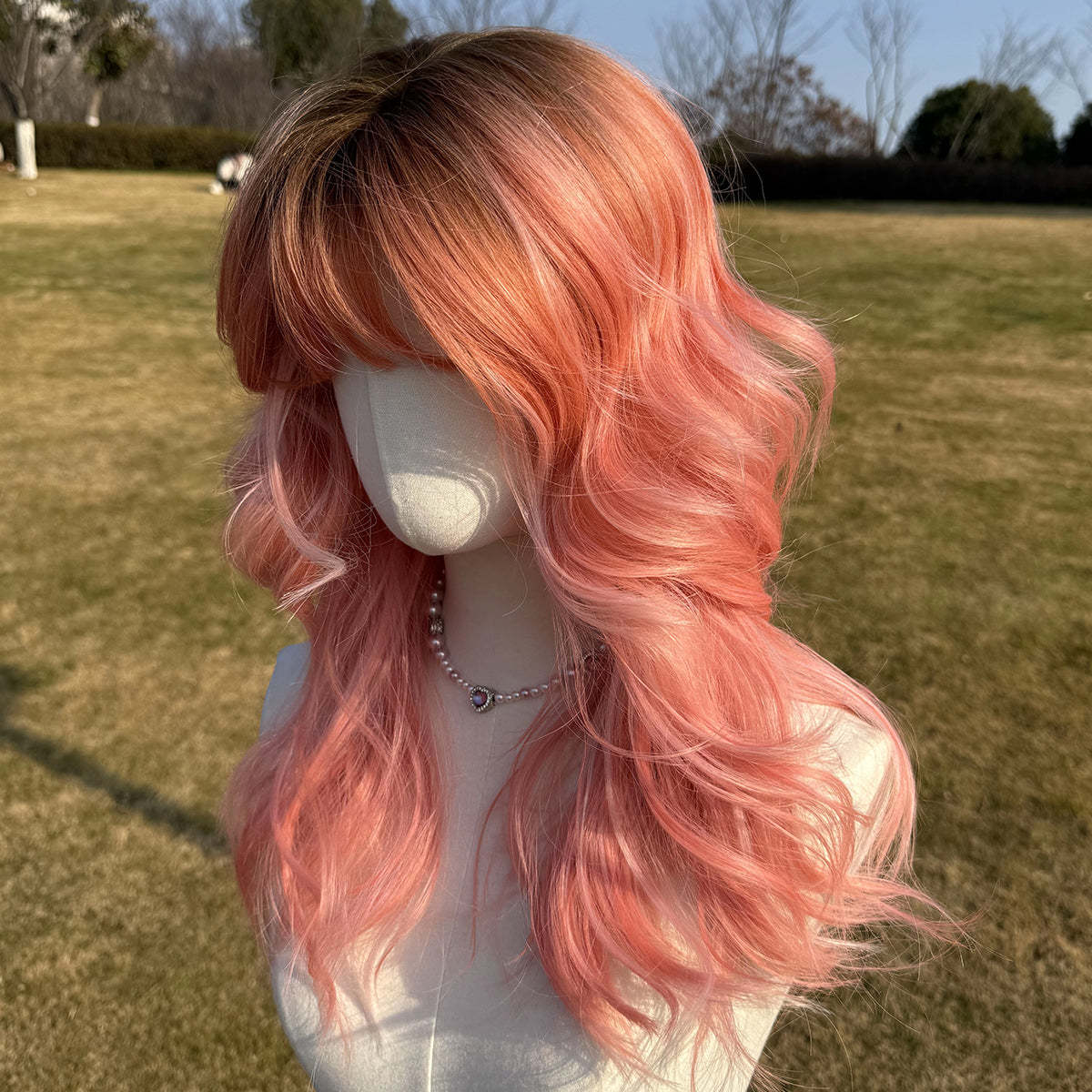 SMILCO/22Inch Ombre Brown Ash Pink Medium Curly WithBangs Synthetic Wig/SM420
