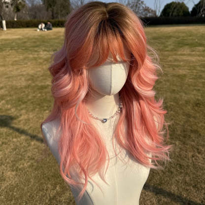 SMILCO/22Inch Ombre Brown Ash Pink Medium Curly WithBangs Synthetic Wig/SM420