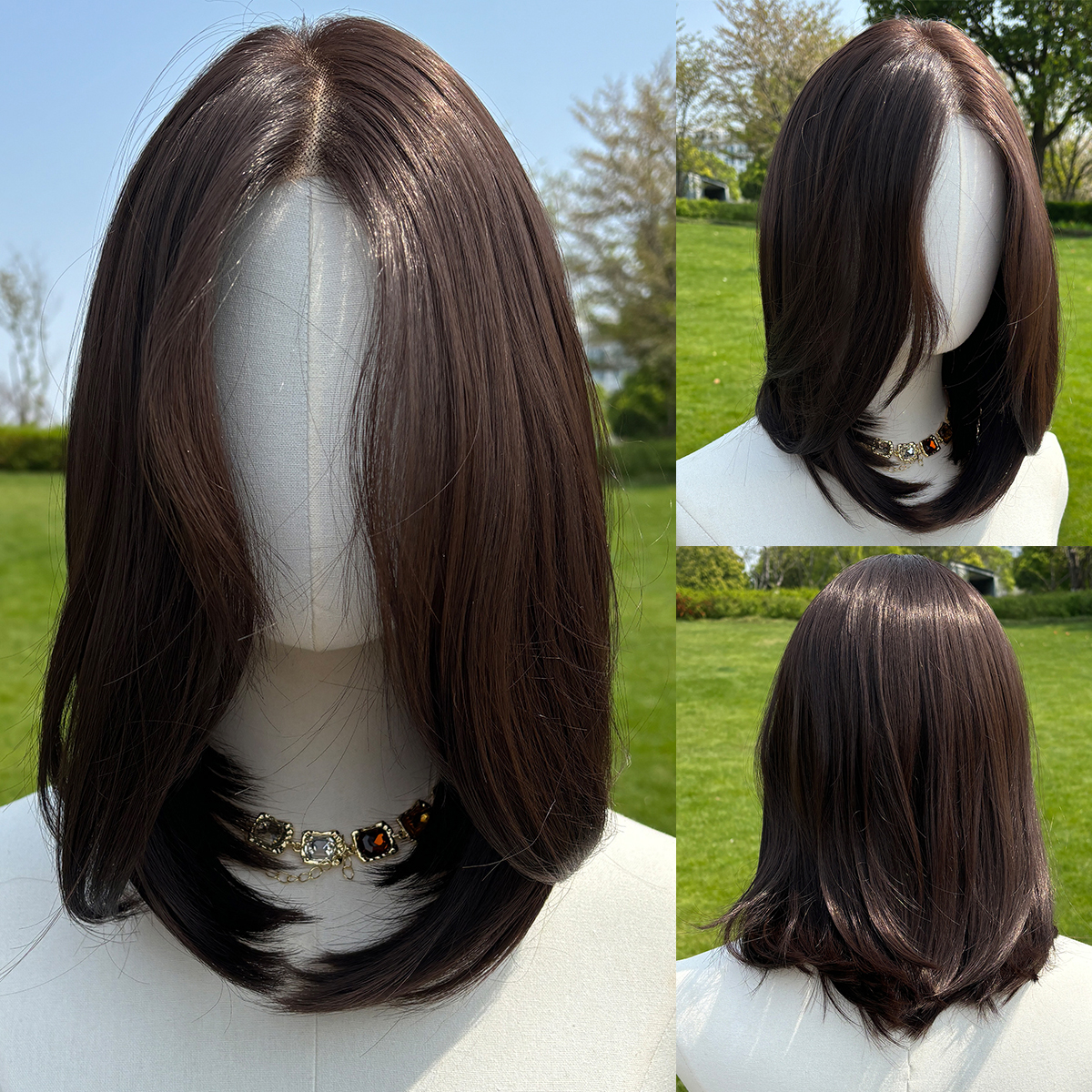 SMILCO/14lnch Deep Brown Low Density/Pre-Cut/13*6Lace Front Free Part Futura Layer Cutted Short Curly With Bangs/Glueless/Natural Hairline/ Synthetic Lace FrontWig/SM9916