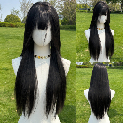SMILCO/28Inch Black 13*6 Free Part Lace Front Long Straight Low Density Futura Fiber Pre Cut With Bangs Synthetic Wig/SM9001