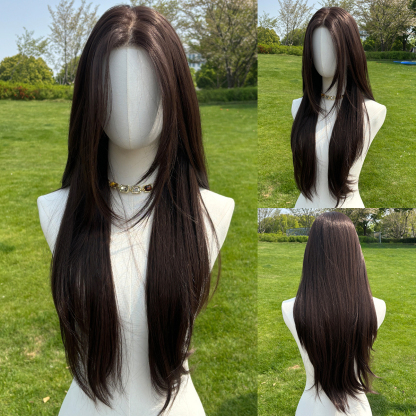 SMILCO/28Inch Dark Brown Luxe 13*6 Lace Front Pre Cut Long Straight Synthetic Wig/SM9816