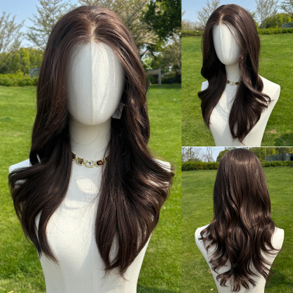 SMILCO/24Inch Deep Brown Luxe 13*6 Lace Front Pre Cut Low Density Long Curly Synthetic Wig/SM9906