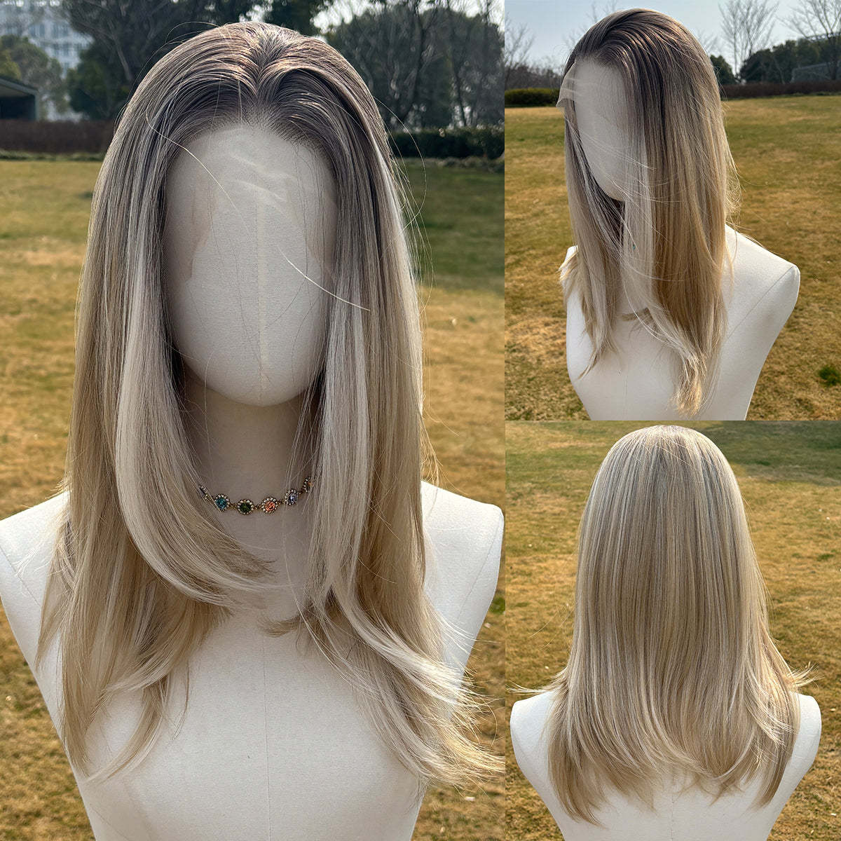 SMILCO/22Inch Ombre Brown Ash Blonde 13*4 Free Part Medium Synthetic Wig/SM9871