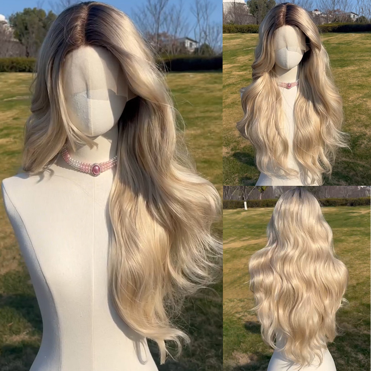 SMILCO/28Inch Ombre Brown Ash Blonde Long Curly T-Part Synthetic Wig/S