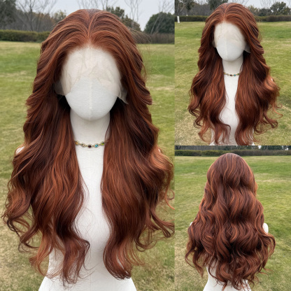 SMILCO/30Inch Highlight Ginger With Orange 13*4 Free Part Lace Front Long Wave Synthetic Wig/SM9030B