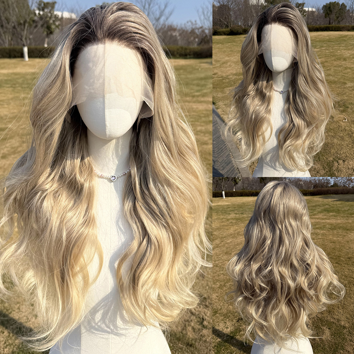 SMILCO/28Inch Ombre Brown Ash Blonde Long Curly T-Part Lace Front Synthetic Wig/SM9038