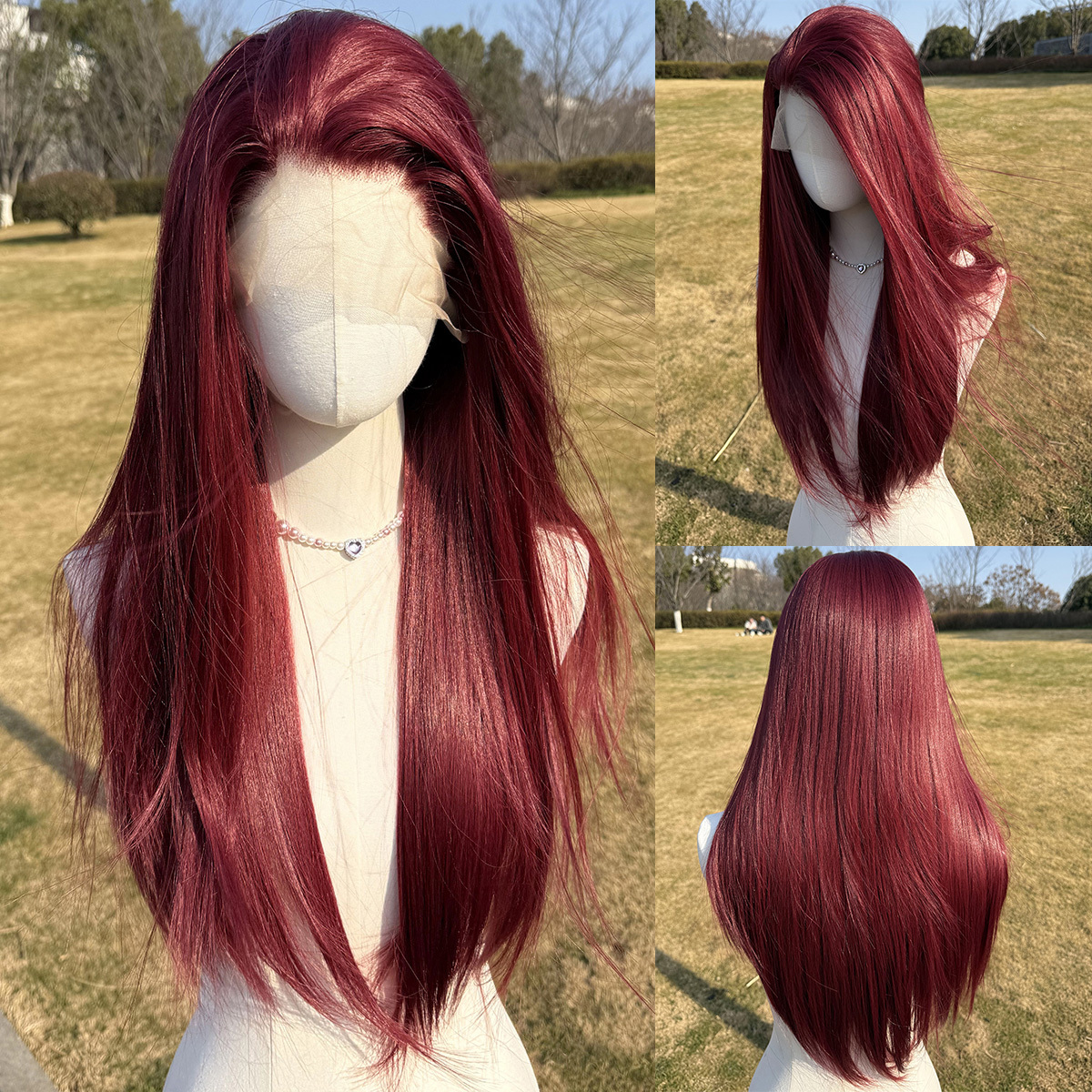 SMILCO/26Inch Red Wine 13*4 Lace Front Long Straight Synthetic Wig/SM9