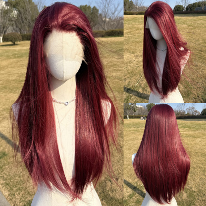 SMILCO/26Inch Red Wine 13*4 Lace Front Long Straight Synthetic Wig/SM9842