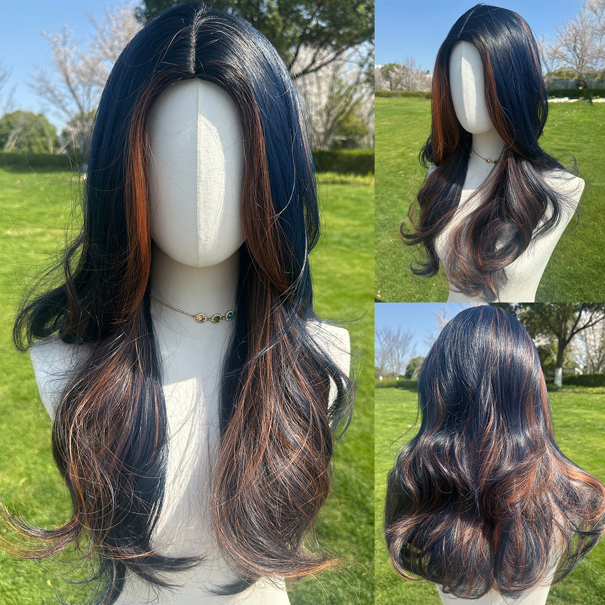 SMILCO/26Inch Highlight Dark Blue With Orange Long Curly Synthetic Wig/SM423