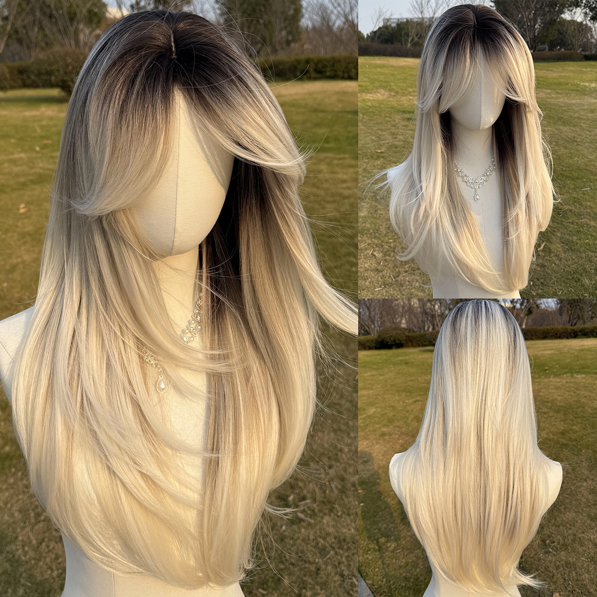 SMILCO/22 Inch Ombre Brown Ash Platinum Long Curly With Bangs Syntheti