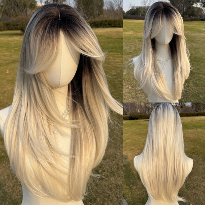 SMILCO/22 Inch Ombre Brown Ash Platinum Long Curly With Bangs Synthetic Wig/SM411