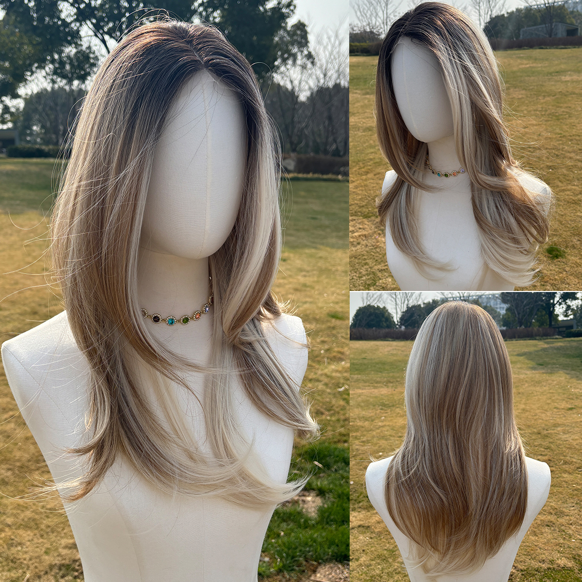 SMILCO/22Inch Small Lace Ombre And Highlight Brown WithBlonde Synthetic Wig/SM1686