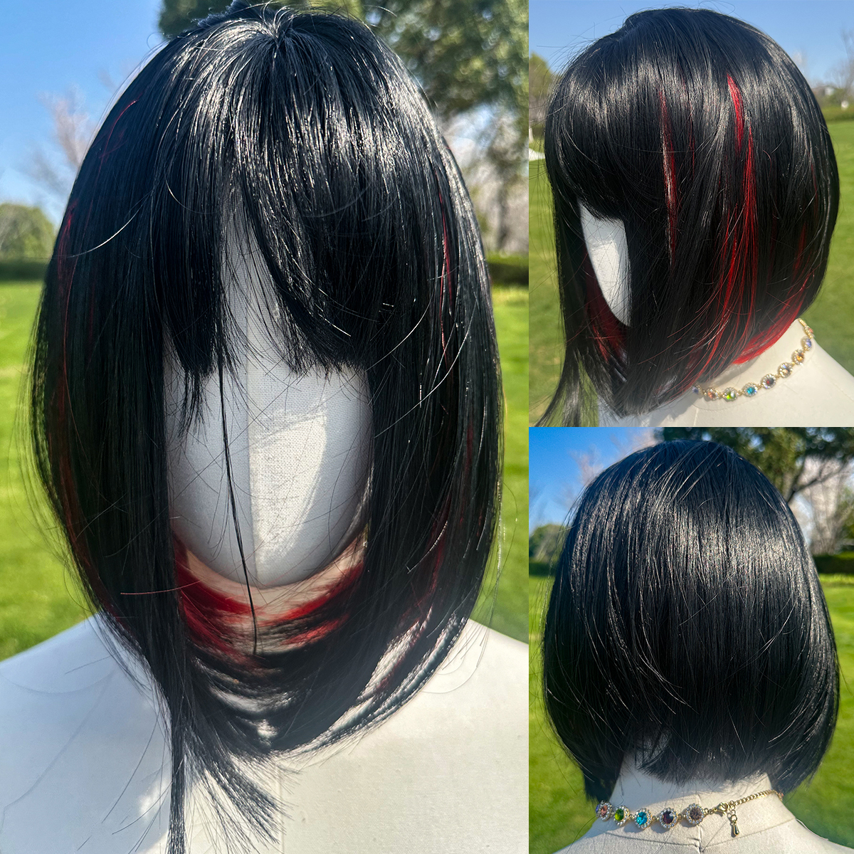 SMILCO/10Inch Highlight Black With Red With Bangs Short Straight Synth