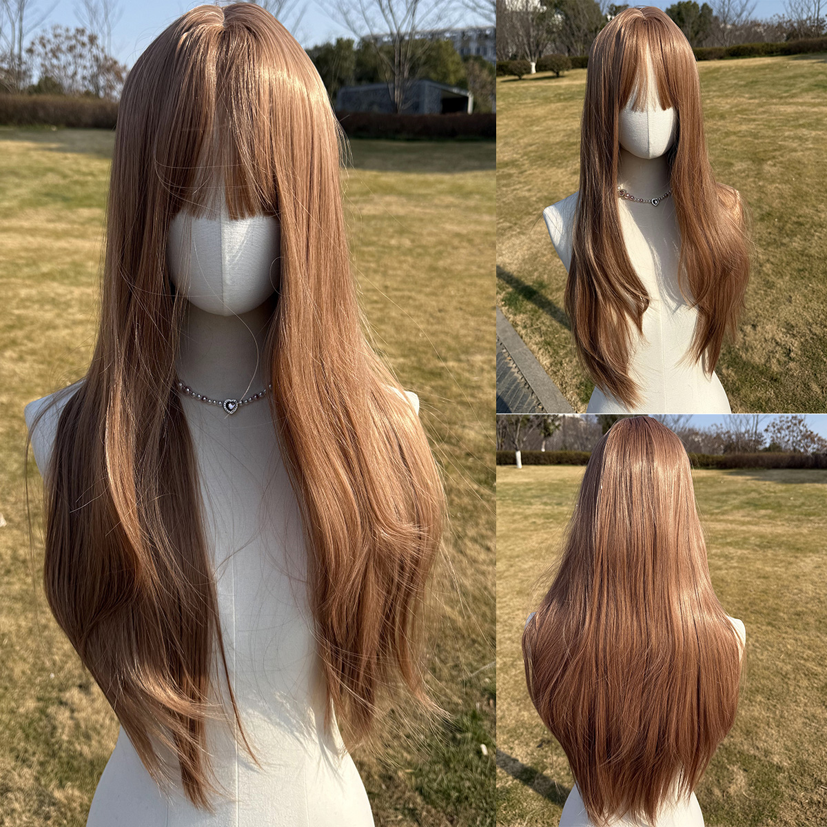 SMILCO/28Inch Light Brown Layered Long Straight With Bangs Synthetic Futura Fiber Wig/SM012