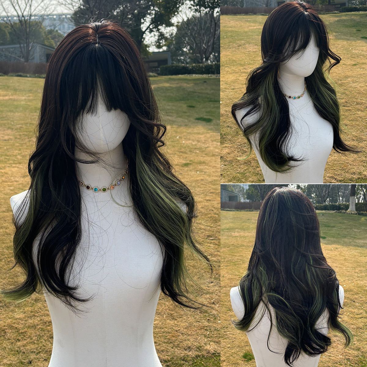 SMILCO/24Inch Highlight Brown With Green Long Curly With Bangs Synthetic Wig/SM406