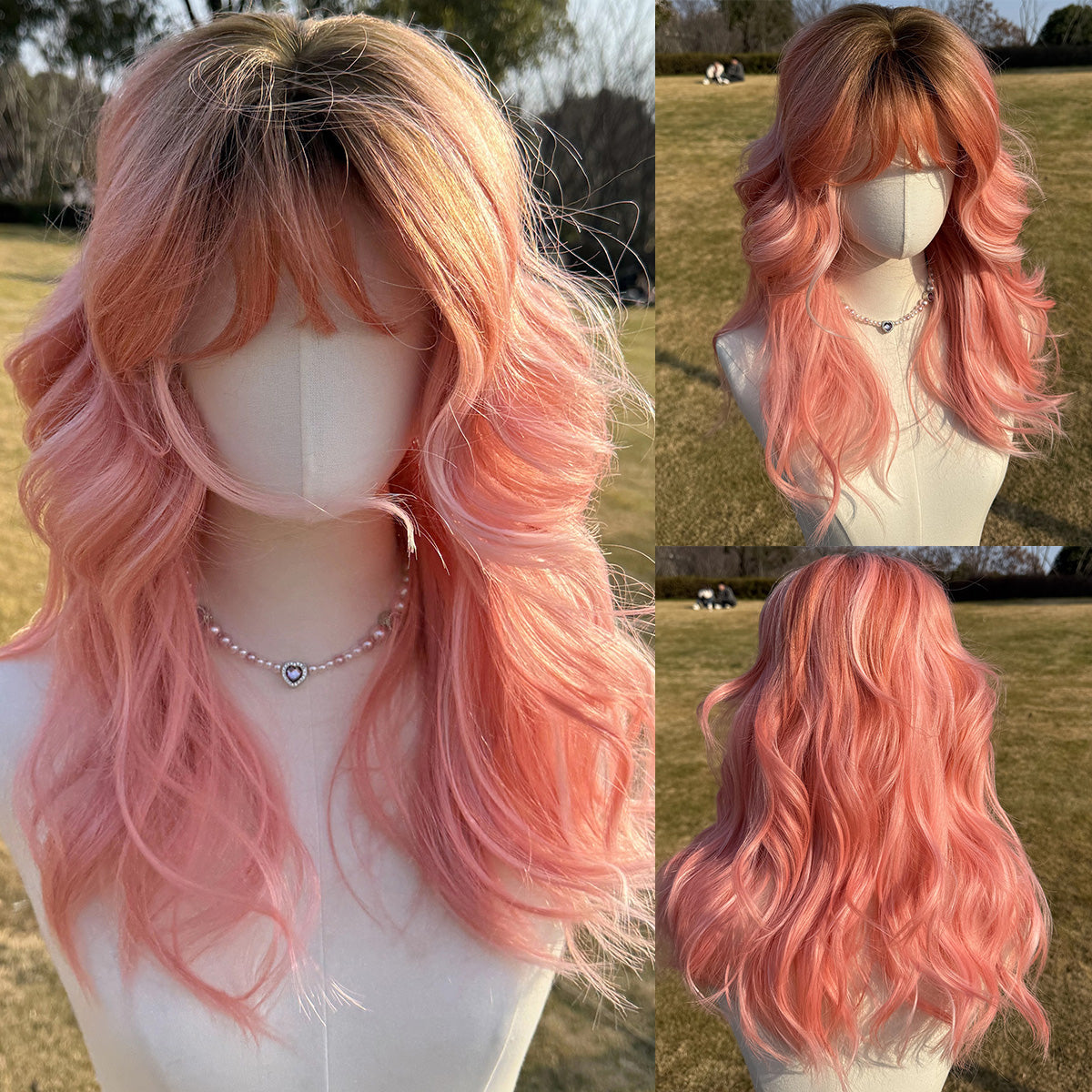 SMILCO/22Inch Ombre Brown Ash Pink Medium Curly WithBangs Synthetic Wig/SM420