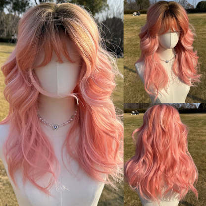 SMILCO/22Inch Ombre Brown Ash Pink Medium Curly WithBangs Synthetic Wig/SM420